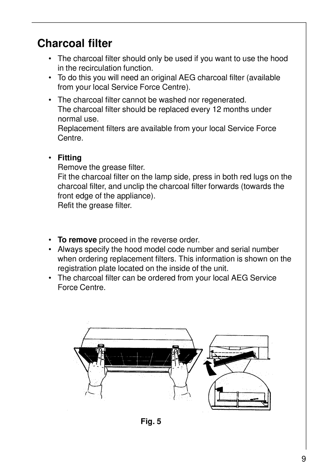 Electrolux DL 6250, 5708 D, CHDL 4150, 570 D installation instructions Charcoal filter, Fitting 