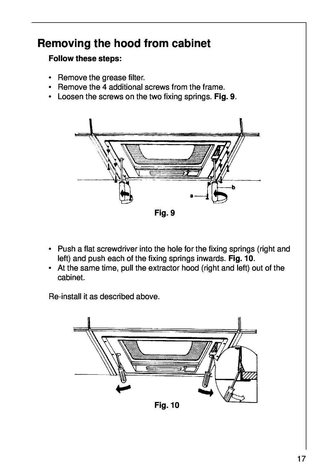 Electrolux CHDL 4150, 5708 D, 570 D, DL 6250 installation instructions Removing the hood from cabinet, Follow these steps 