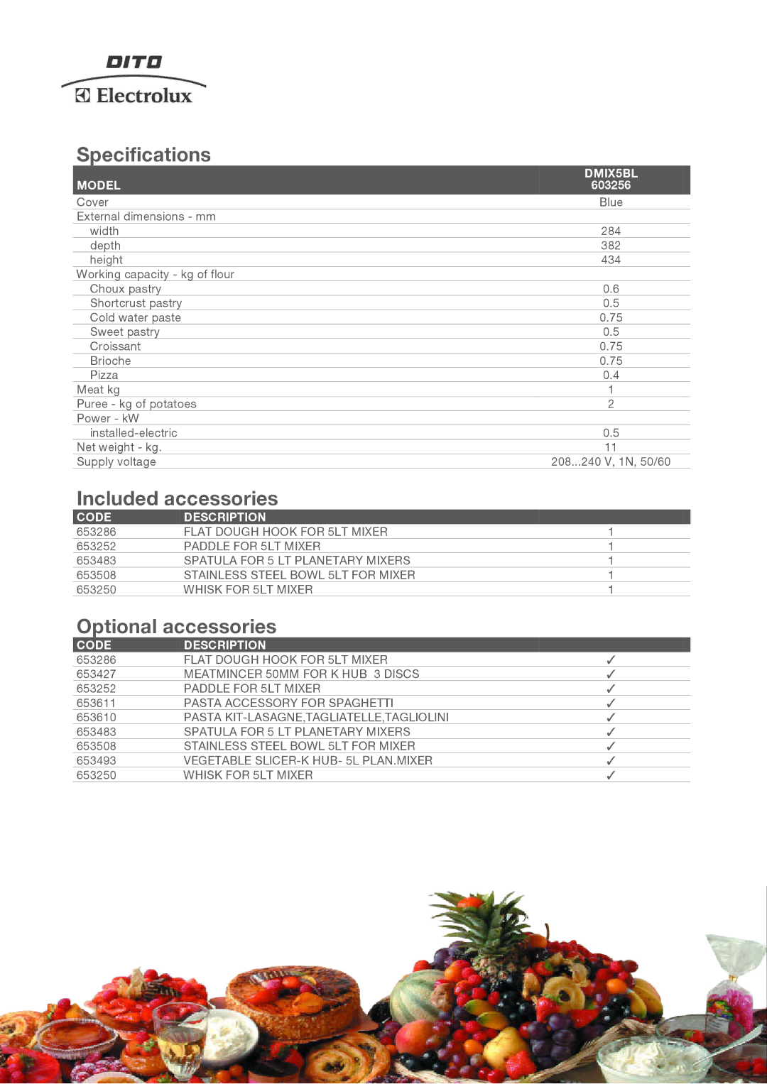 Electrolux 603256, DMIX5BL manual Specifications, Included accessories, Optional accessories 