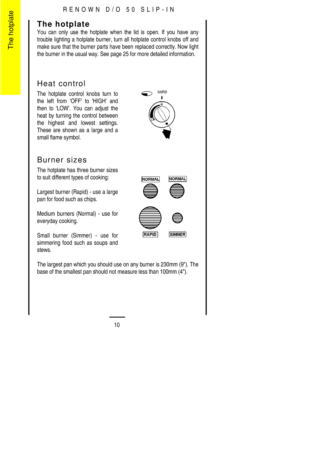 Electrolux D/O 50 installation instructions Hotplate, Burner sizes 