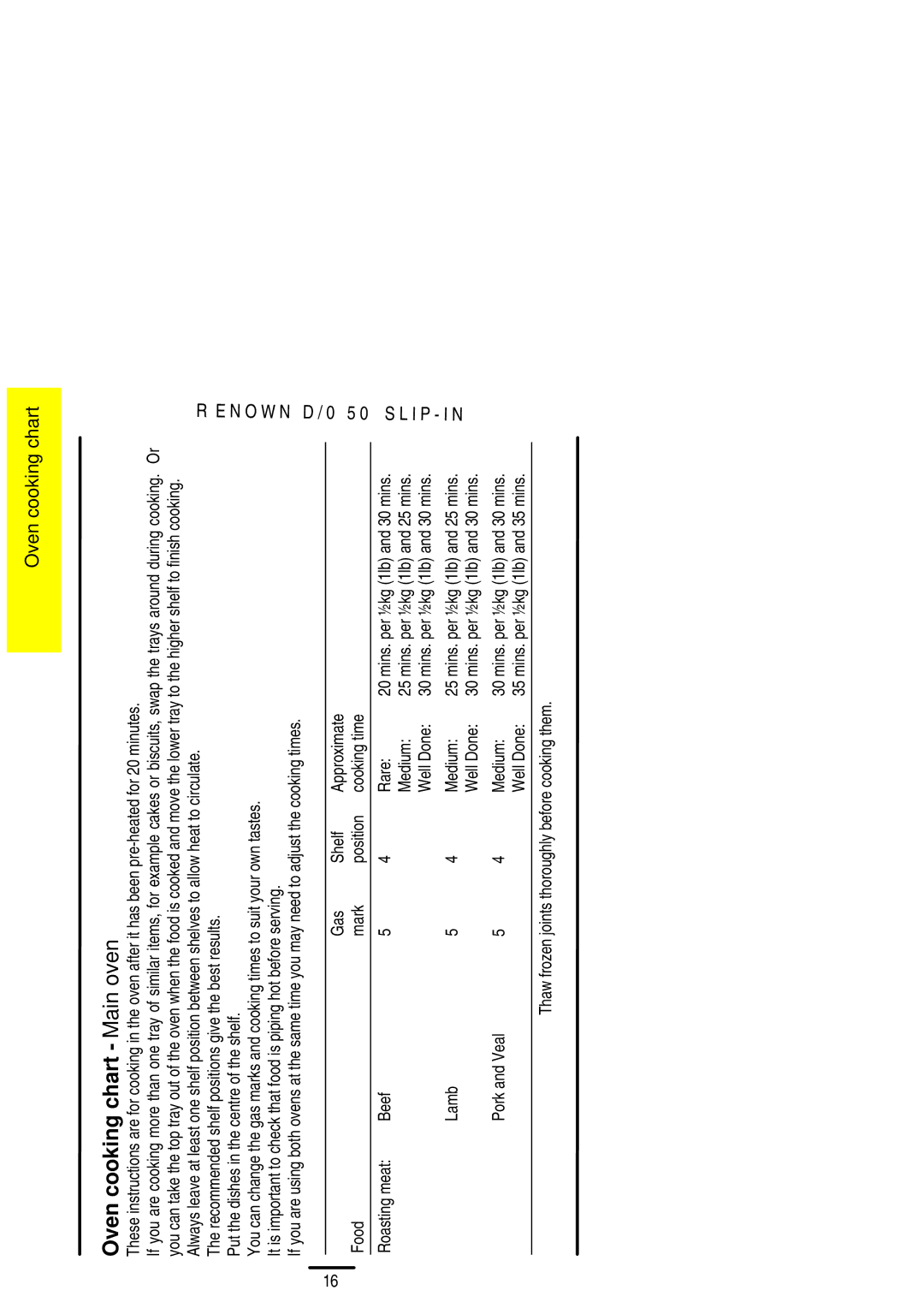 Electrolux D/O 50 installation instructions Oven cooking chart Main oven 