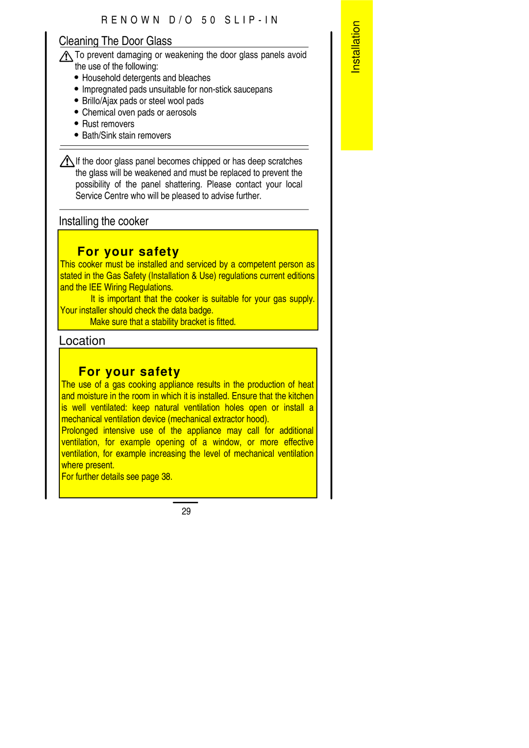 Electrolux D/O 50 installation instructions Cleaning The Door Glass, Installing the cooker, Location 