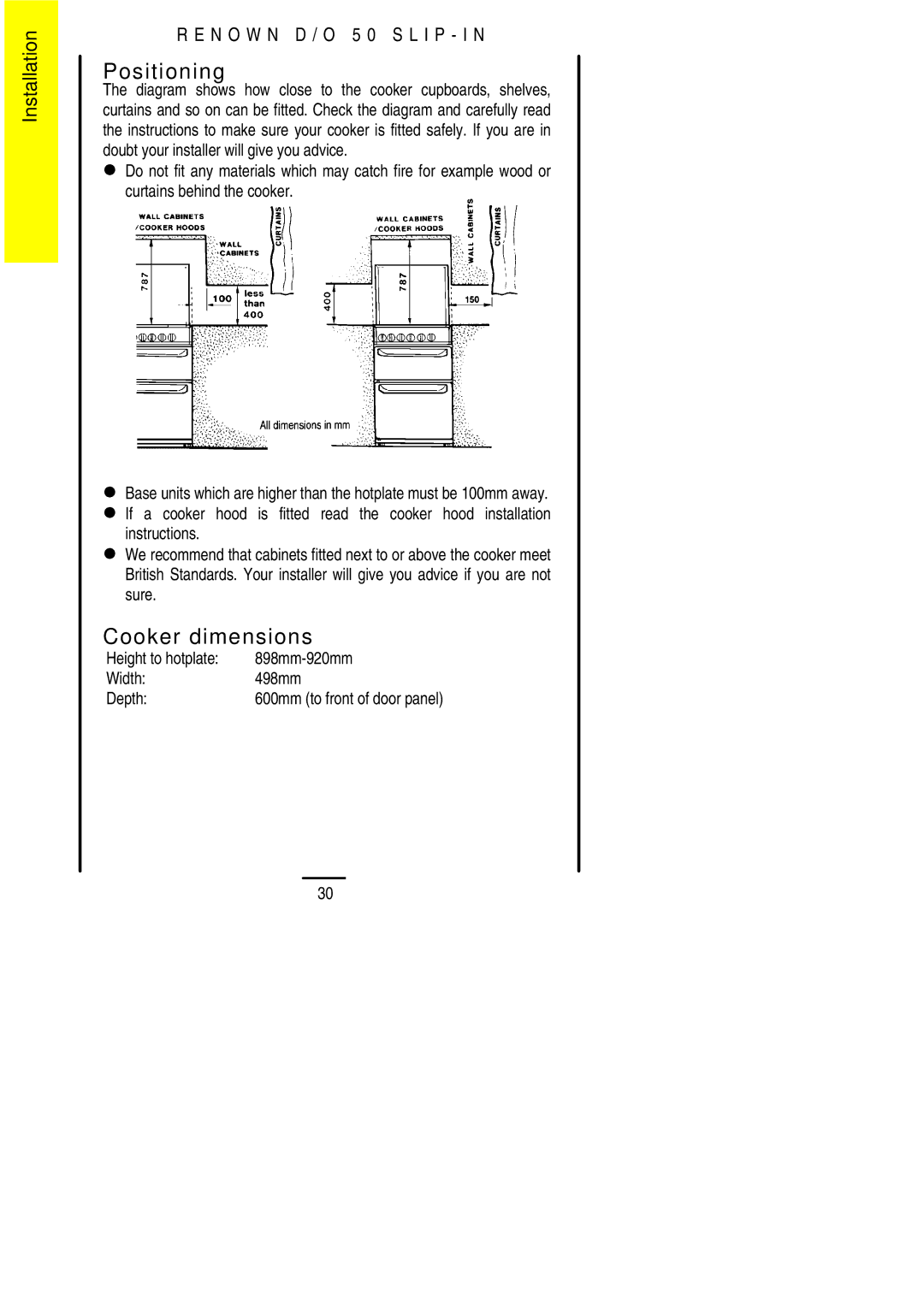 Electrolux D/O 50 Positioning, Cooker dimensions, Height to hotplate 898mm-920mm Width 498mm Depth 