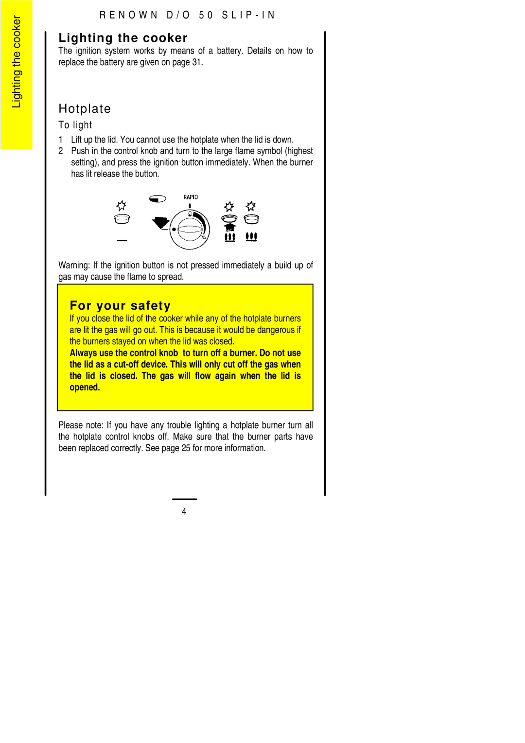 Electrolux D/O 50 installation instructions Lighting the cooker, Hotplate 