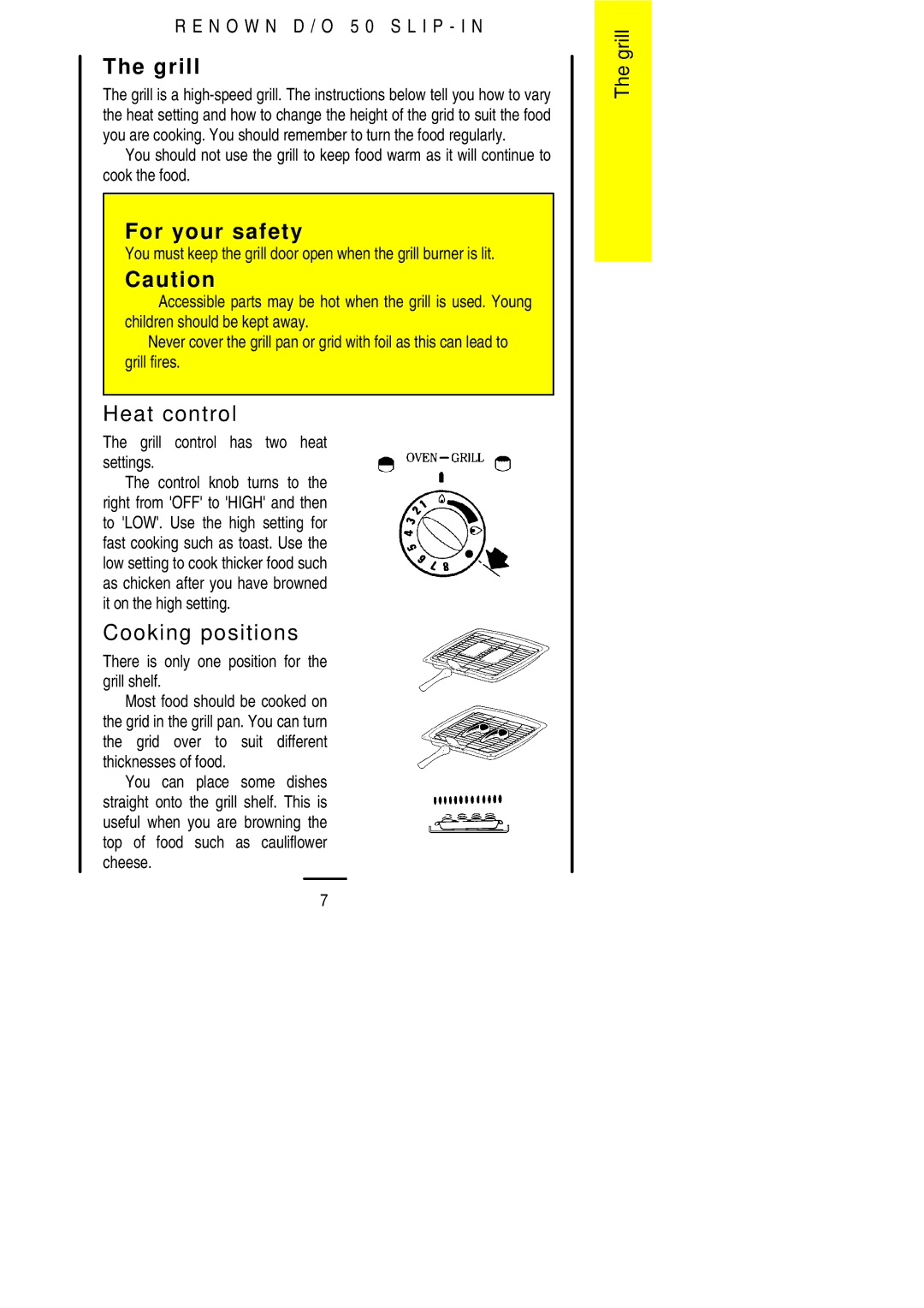 Electrolux D/O 50 installation instructions Heat control, Cooking positions, Grill control has two heat settings 