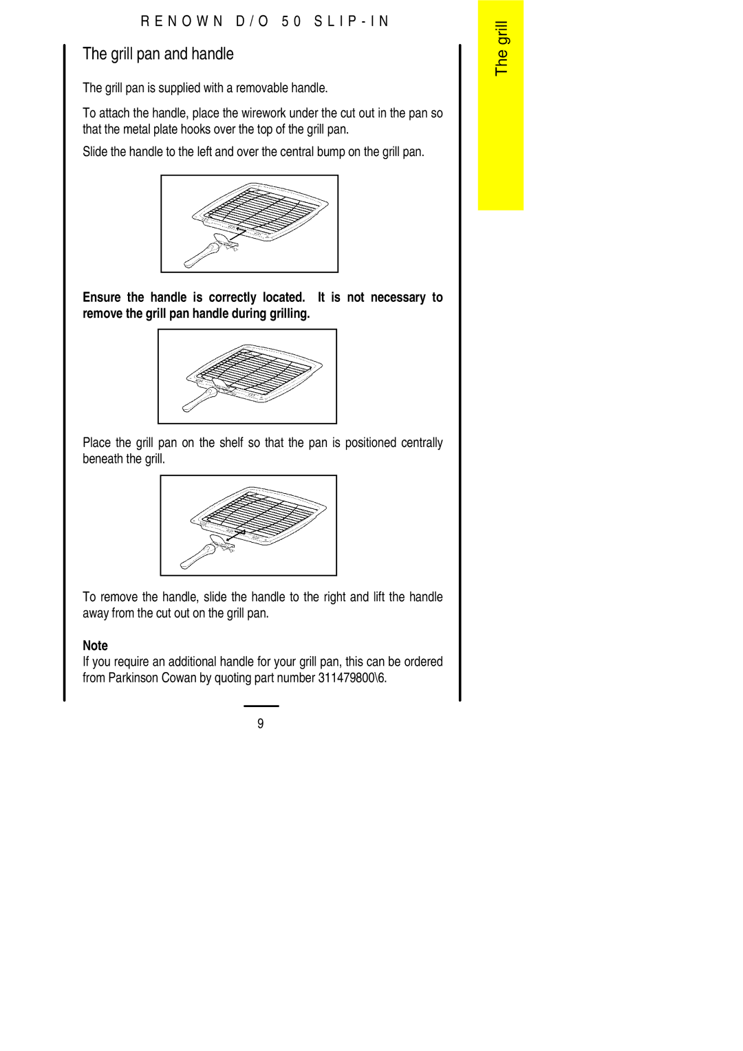 Electrolux D/O 50 installation instructions Grill pan and handle, Grill pan is supplied with a removable handle 