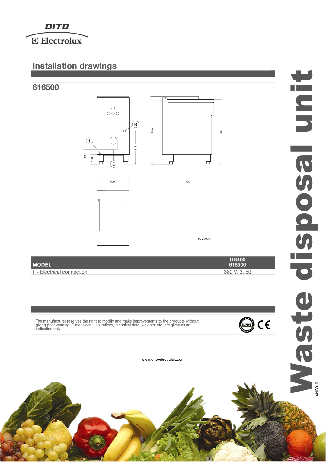 Electrolux DR 400 manual Installation drawings, 616500, Electrical connection 380 V, 3 