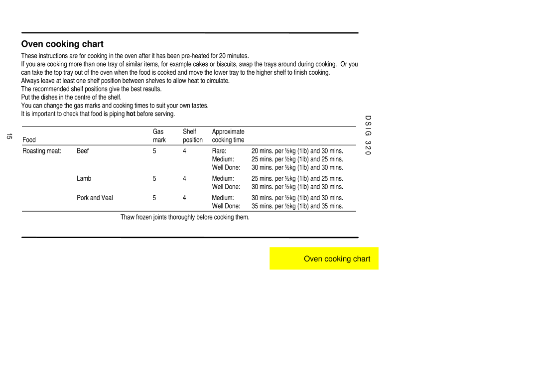 Electrolux DSIG 320 installation instructions Oven cooking chart 