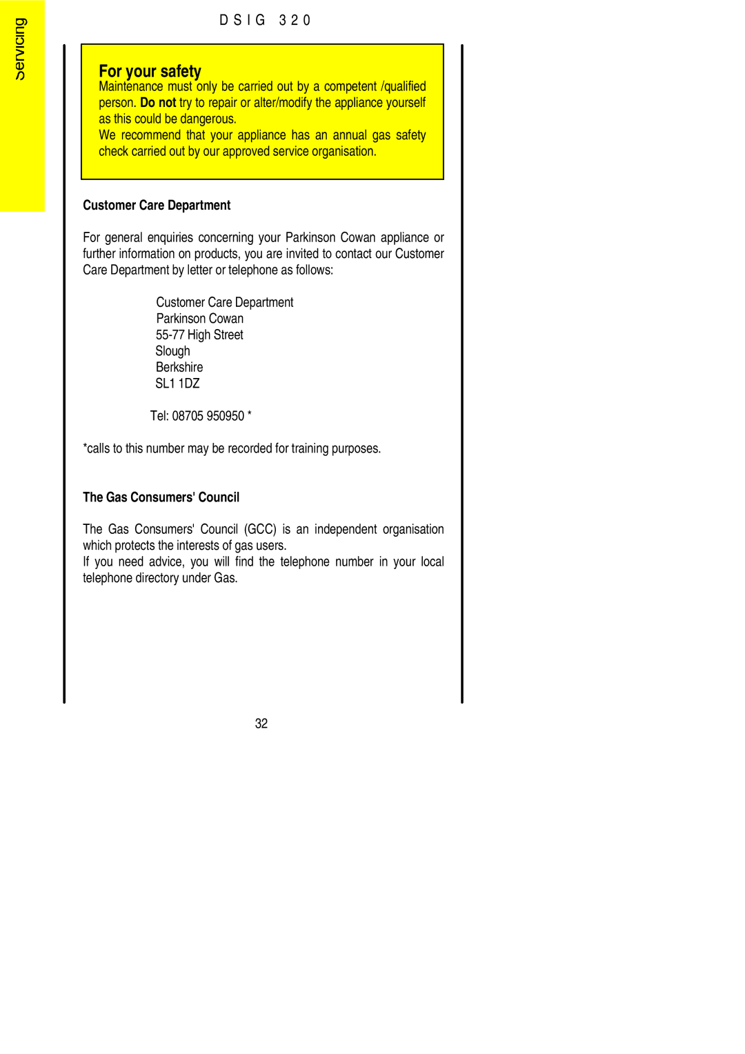 Electrolux DSIG 320 installation instructions Customer Care Department 