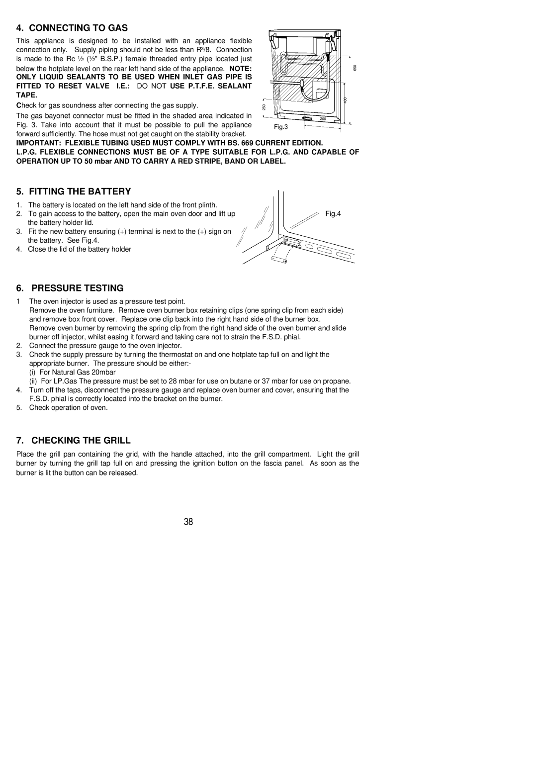 Electrolux DSIG 320 installation instructions Connecting to GAS, Fitting the Battery, Pressure Testing, Checking the Grill 