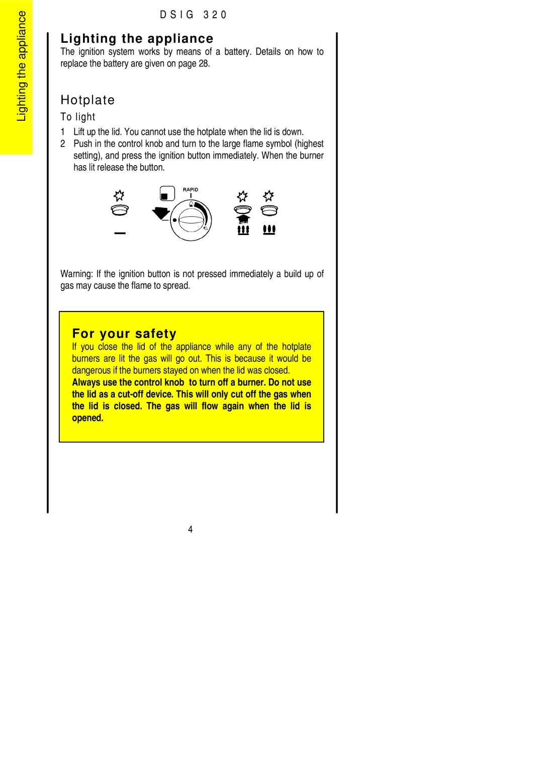 Electrolux DSIG 320 installation instructions Lighting the appliance, Hotplate 