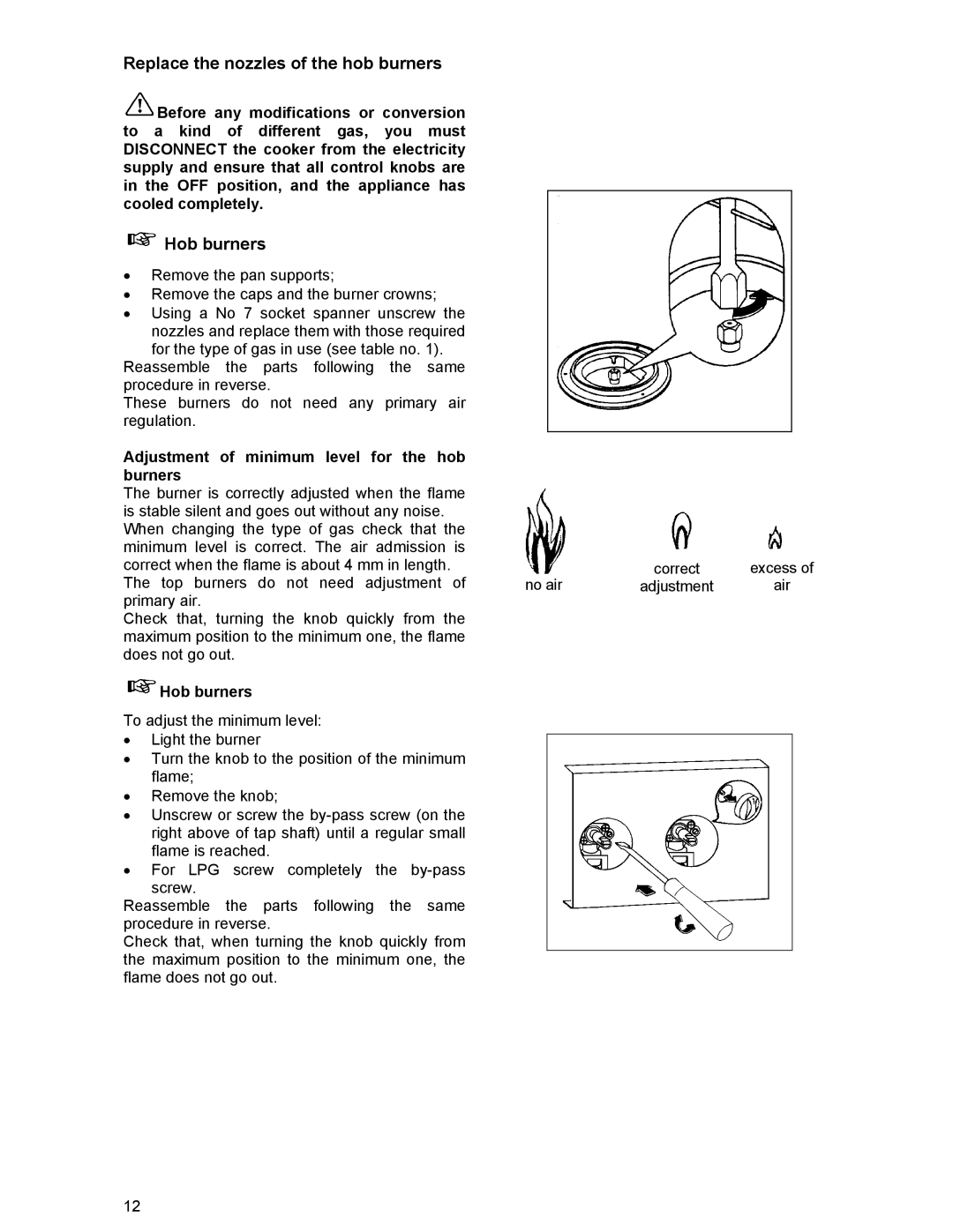 Electrolux DSO51DF Replace the nozzles of the hob burners, Hob burners, Adjustment of minimum level for the hob Burners 