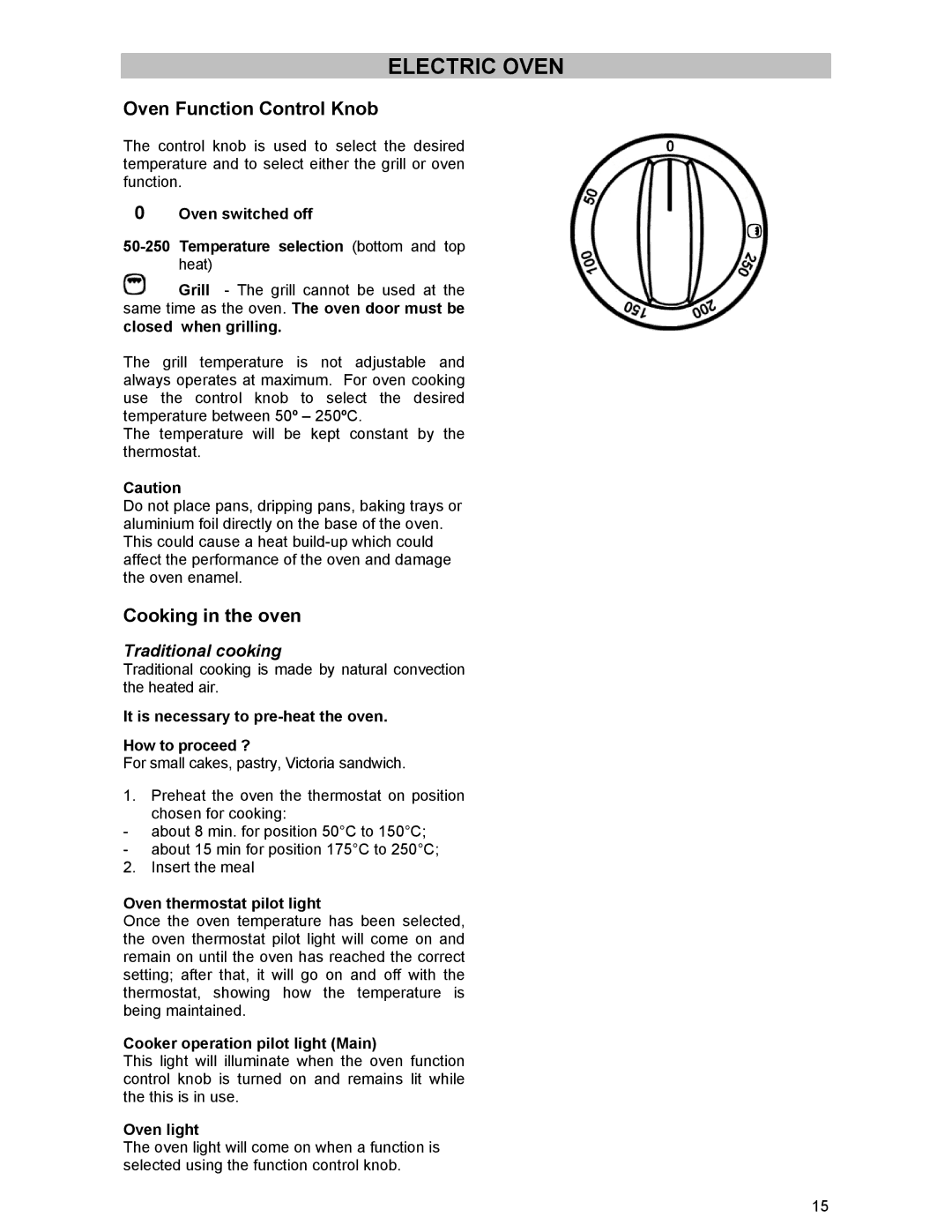 Electrolux DSO51DF manual Electric Oven, Oven Function Control Knob, Cooking in the oven 