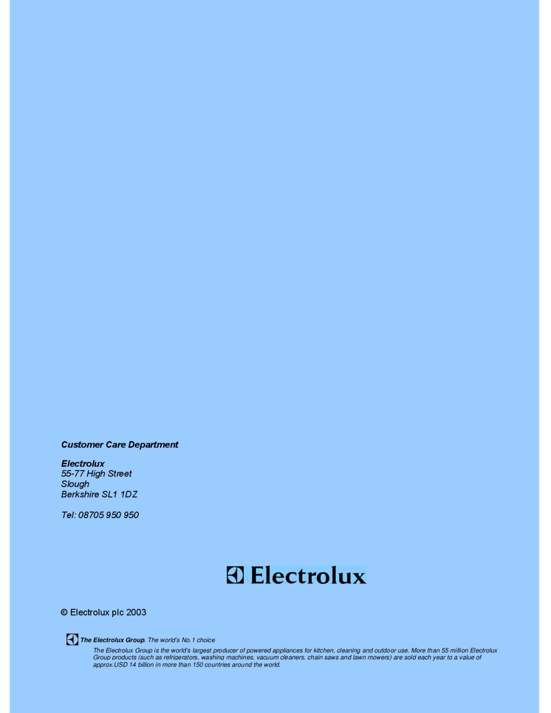 Electrolux DSO51DF manual Customer Care Department Electrolux 