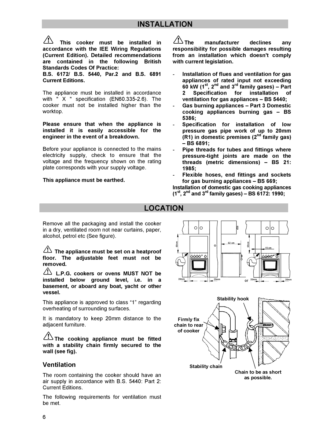 Electrolux DSO51DF manual Installation, Location, Ventilation 