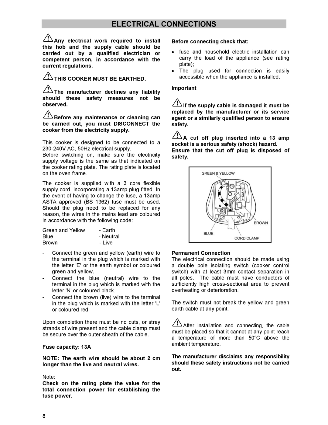 Electrolux DSO51DF manual Electrical Connections, This Cooker Must be Earthed 