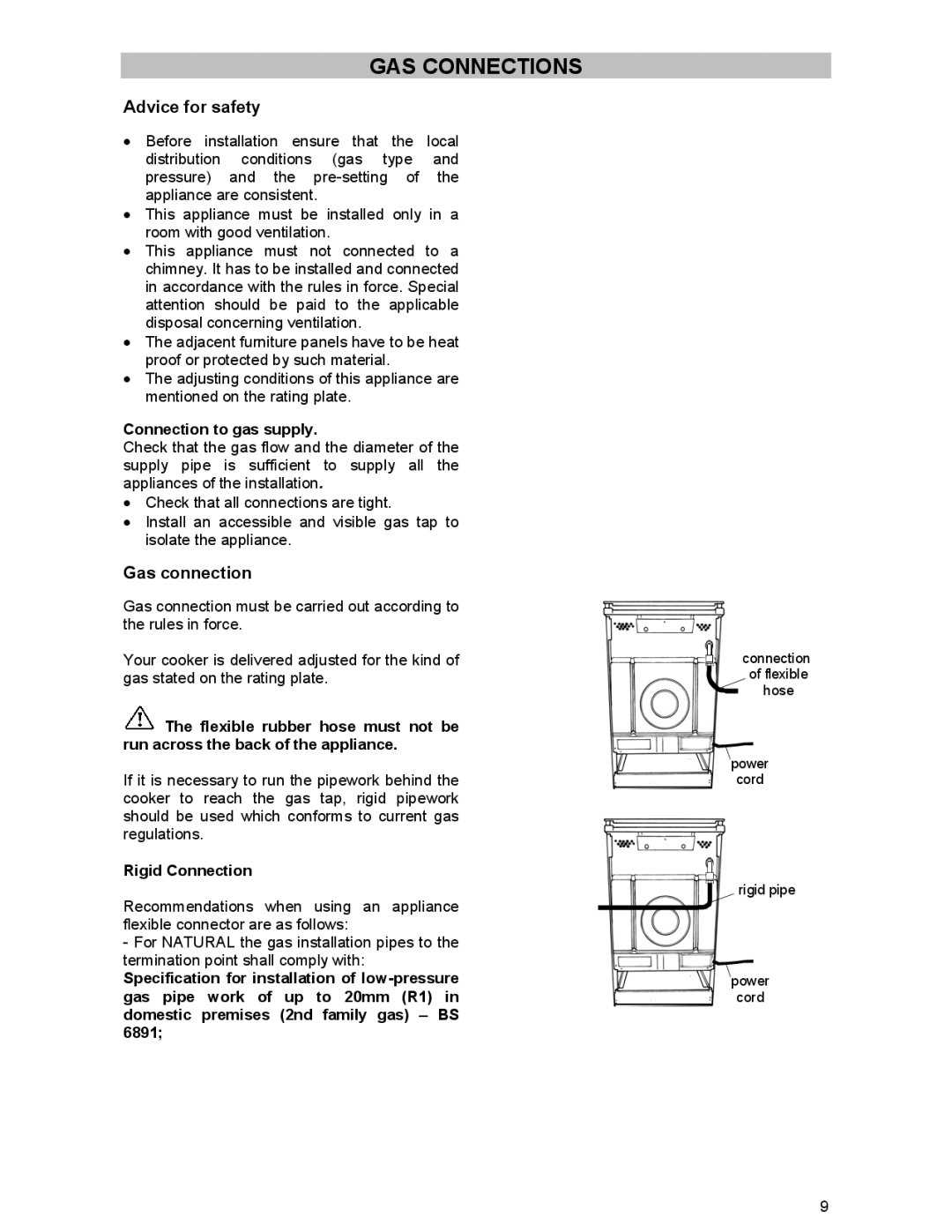 Electrolux DSO51DF manual GAS Connections, Advice for safety, Gas connection, Connection to gas supply, Rigid Connection 