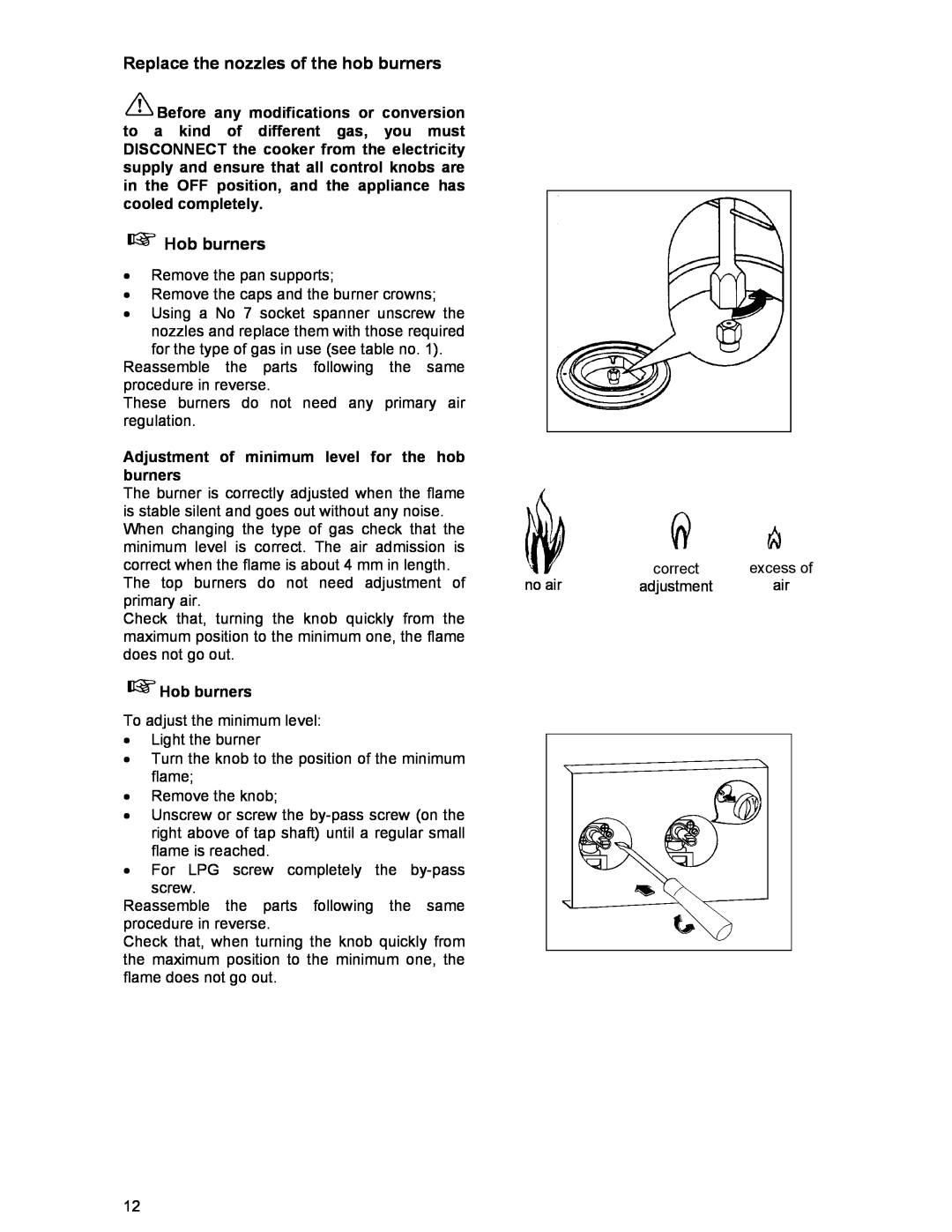 Electrolux DSO51DF manual Replace the nozzles of the hob burners, Hob burners, Adjustment of minimum level for the hob 