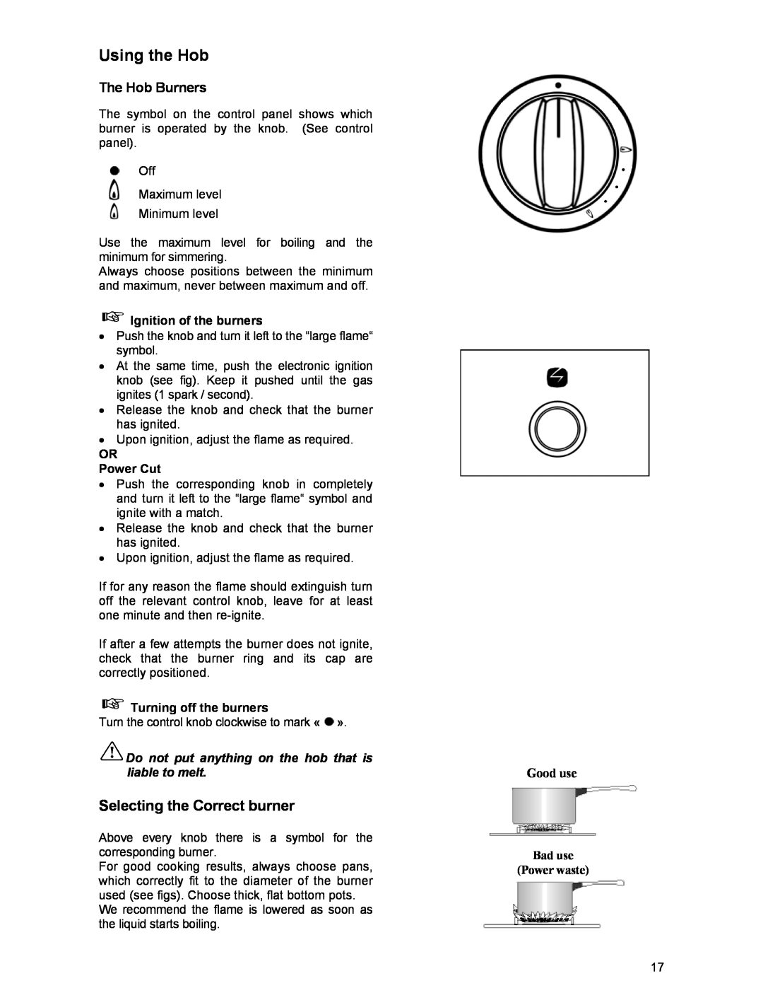 Electrolux DSO51DF manual Using the Hob, Selecting the Correct burner, The Hob Burners, Good use, Bad use Power waste 