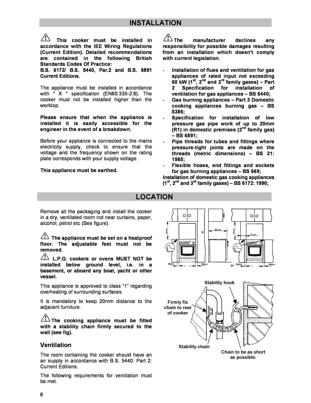 Electrolux DSO51DF manual Installation, Location, Ventilation 