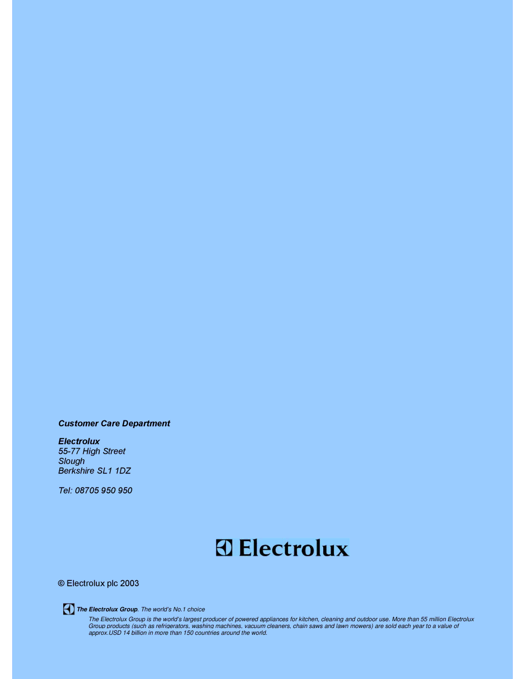 Electrolux DSO51EL manual Customer Care Department Electrolux 