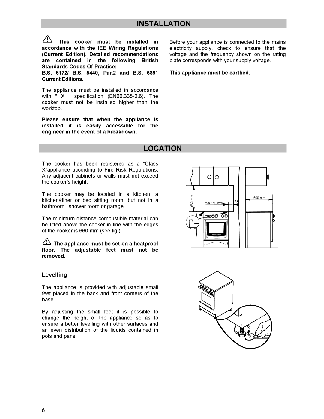 Electrolux DSO51EL manual Installation, Location, Levelling, This appliance must be earthed 