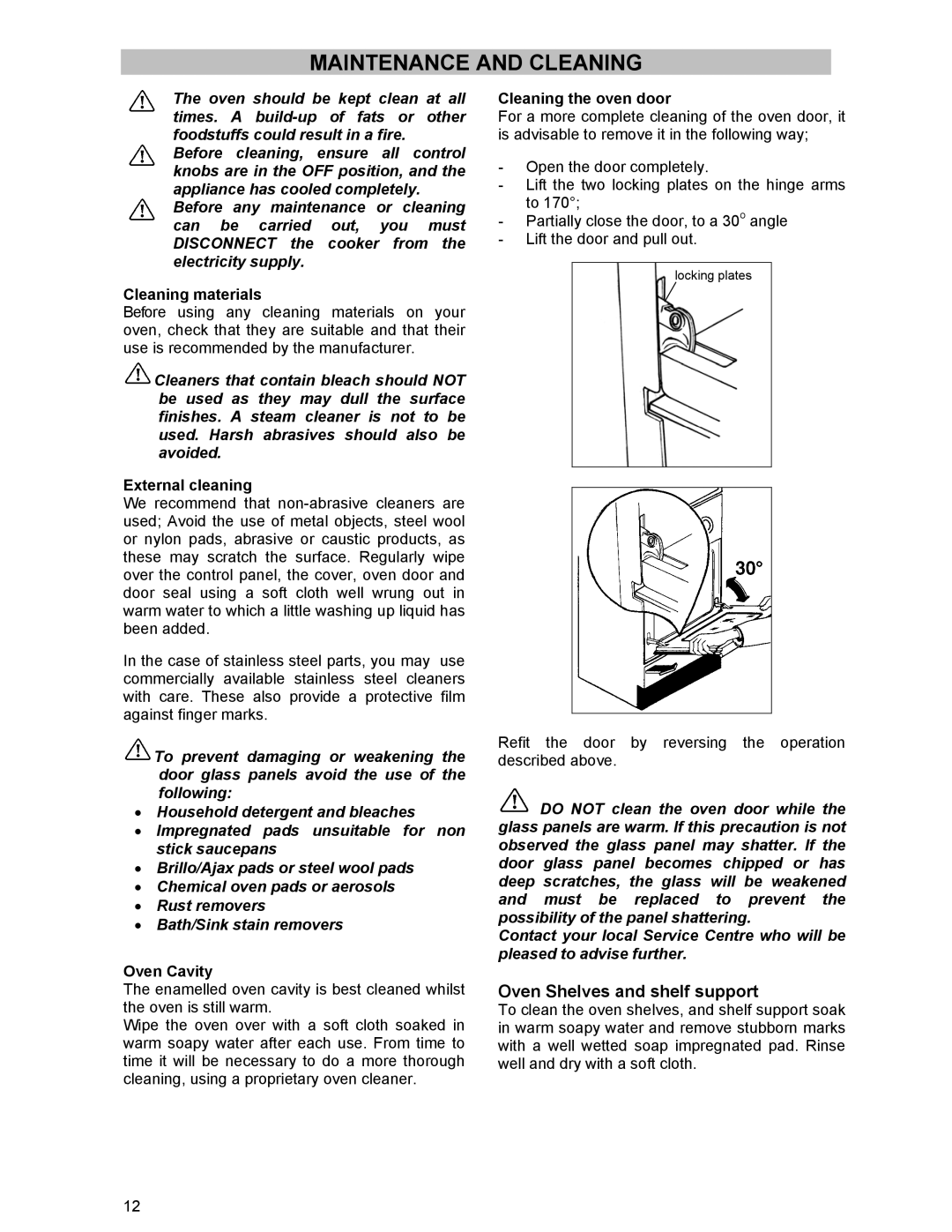 Electrolux DSO51GA manual Maintenance and Cleaning, Oven Shelves and shelf support 