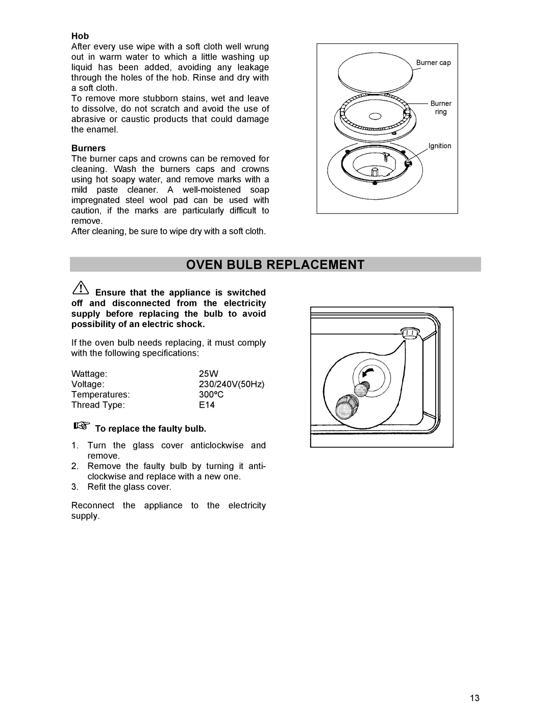 Electrolux DSO51GA manual Oven Bulb Replacement, Hob, Burners, To replace the faulty bulb 