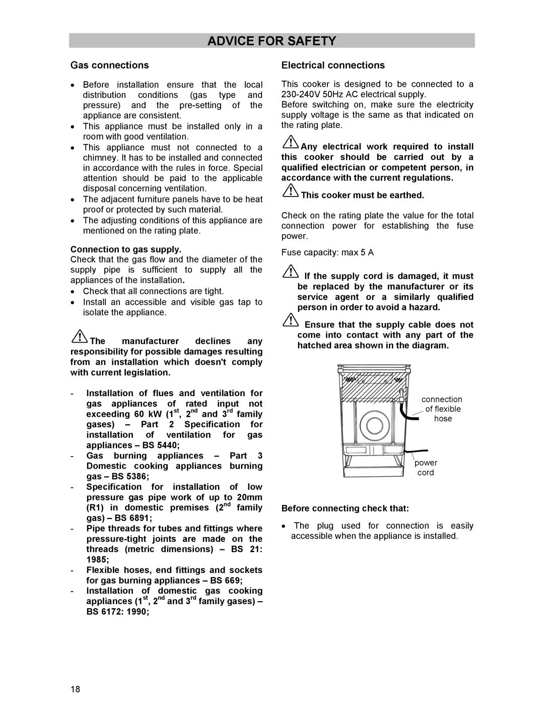 Electrolux DSO51GA manual Advice for Safety, Gas connections, Electrical connections, Connection to gas supply 