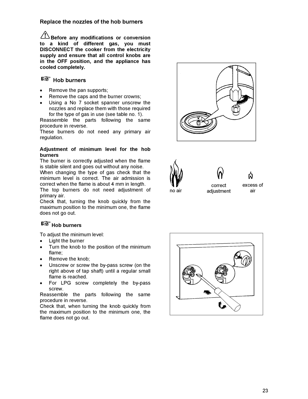 Electrolux DSO51GA Replace the nozzles of the hob burners, Adjustment of minimum level for the hob Burners, Hob burners 