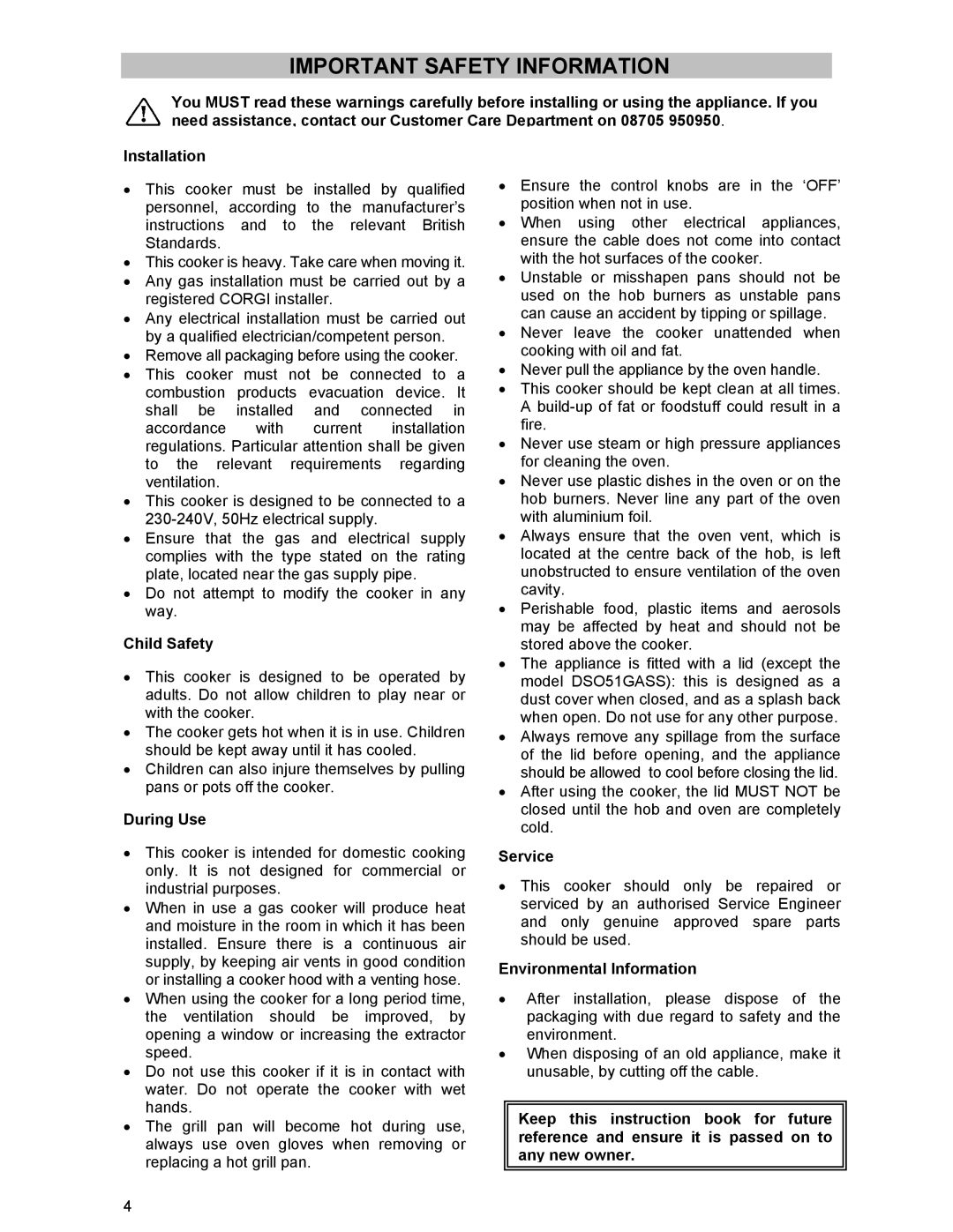 Electrolux DSO51GA manual Important Safety Information, Child Safety, During Use, Service, Environmental Information 