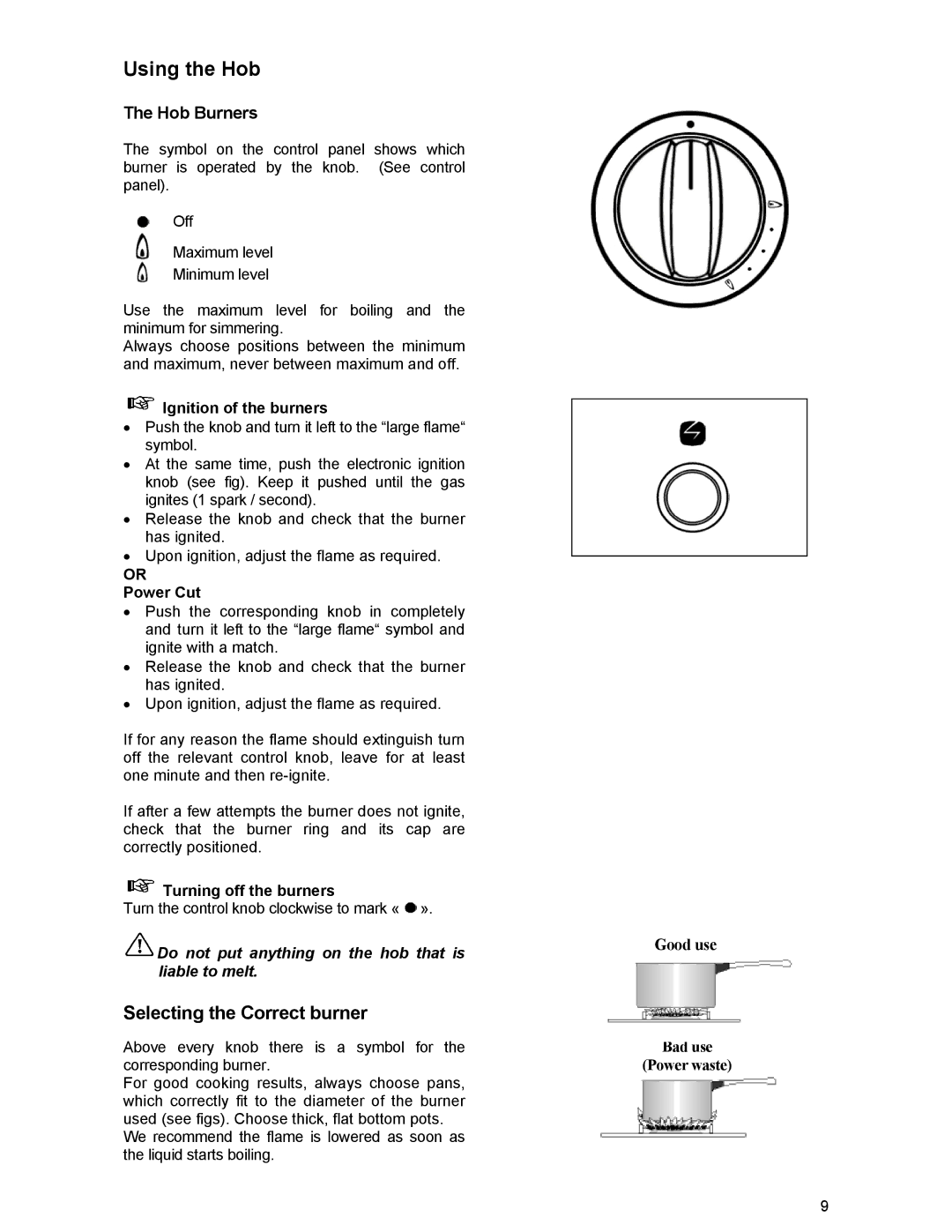 Electrolux DSO51GA manual Hob Burners, Ignition of the burners, Or Power Cut, Turning off the burners 