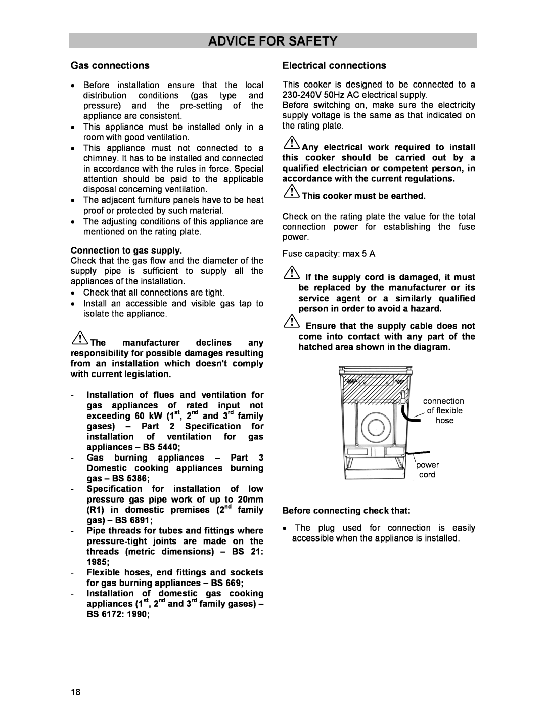 Electrolux DSO51GA manual Advice For Safety, Gas connections, Electrical connections 