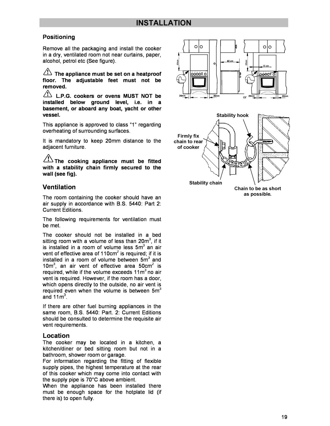 Electrolux DSO51GA manual Installation, Ventilation, Location, Positioning 
