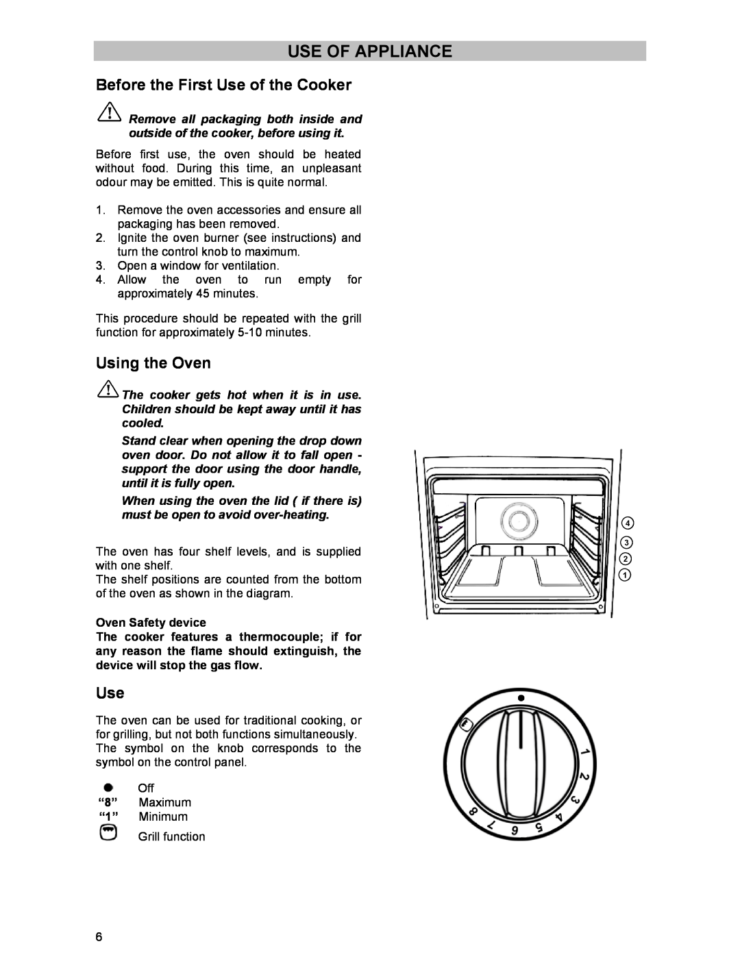 Electrolux DSO51GA manual Use Of Appliance, Before the First Use of the Cooker, Using the Oven 