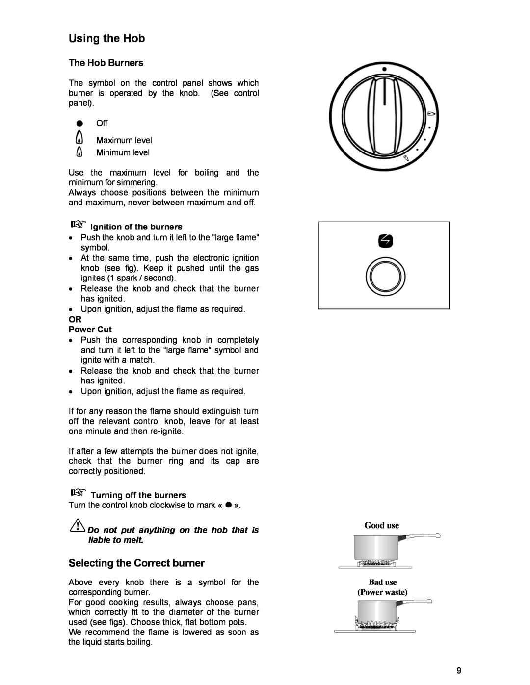 Electrolux DSO51GA manual Using the Hob, Selecting the Correct burner, The Hob Burners, Good use, Bad use Power waste 