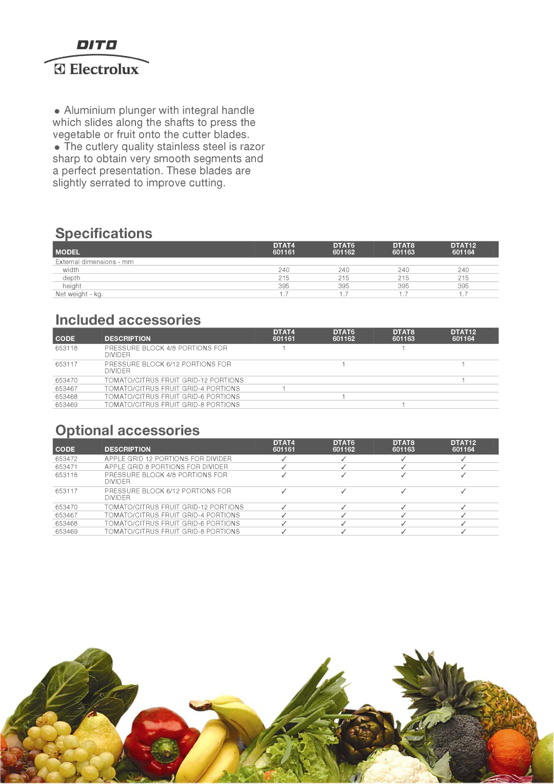 Electrolux DTAT12, DTAT8, DTAT4, DTAT6, 601164, 601162, 601163, 601161 manual Specifications 