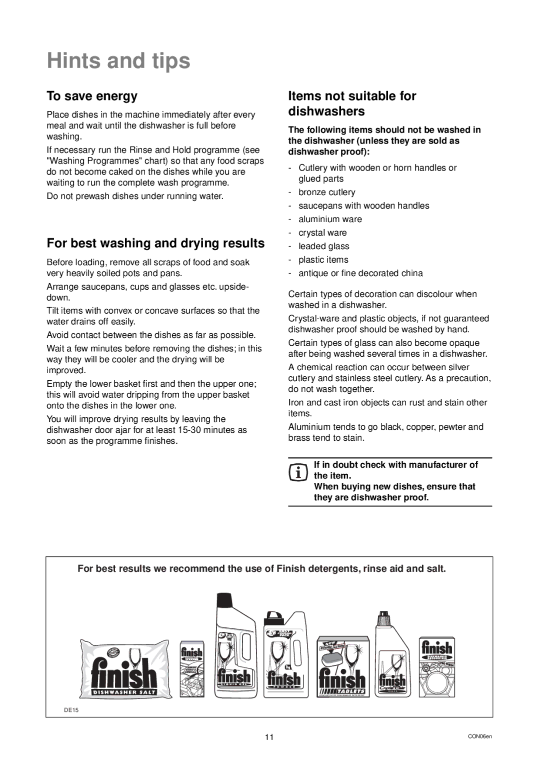 Electrolux DW 80 Hints and tips, To save energy, For best washing and drying results, Items not suitable for dishwashers 