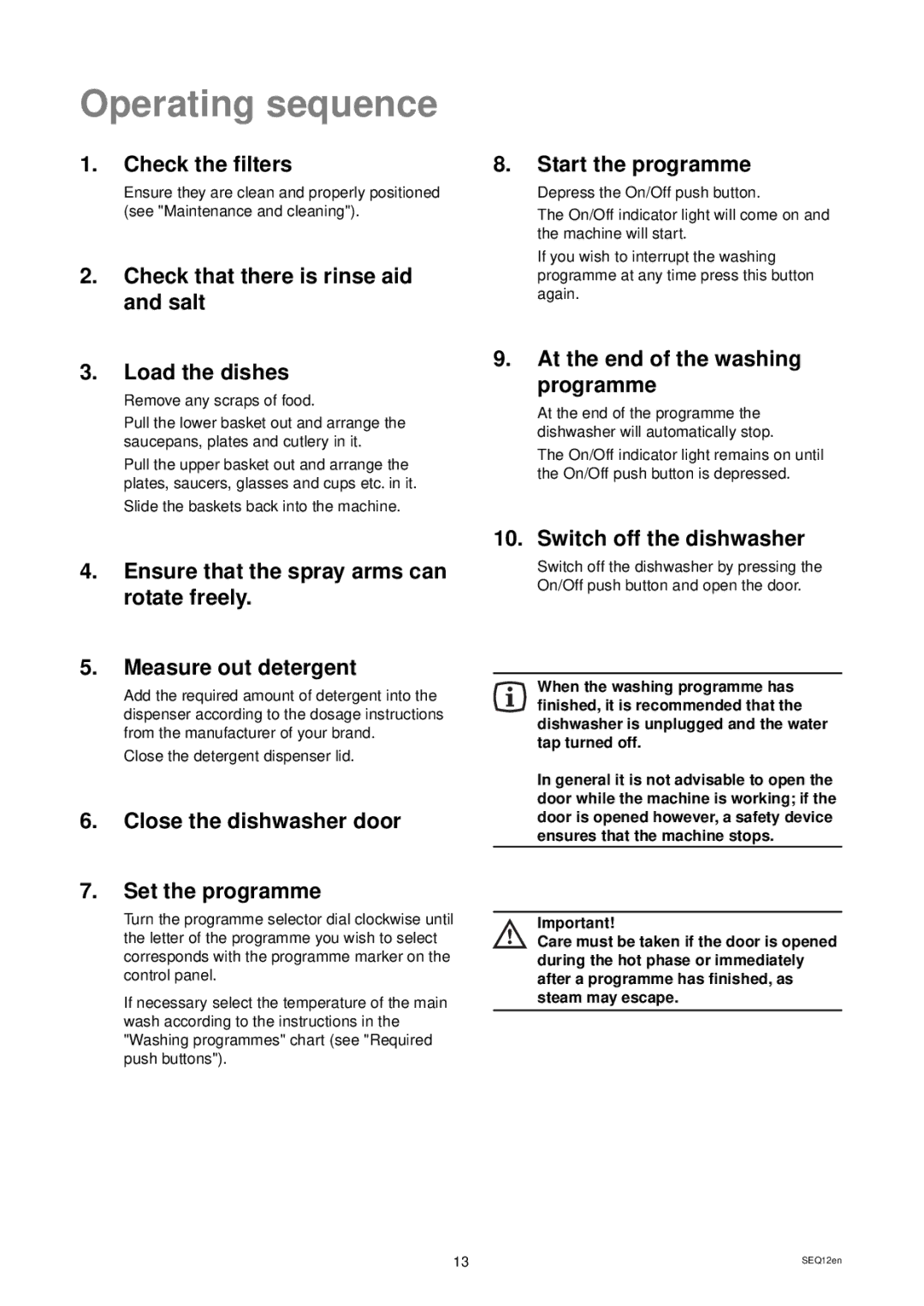 Electrolux DW 80 manual Operating sequence 