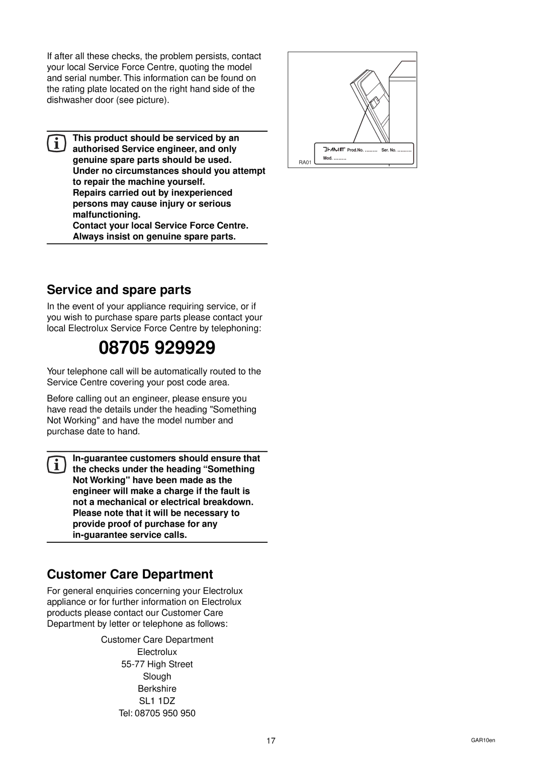 Electrolux DW 80 manual Service and spare parts, Customer Care Department 