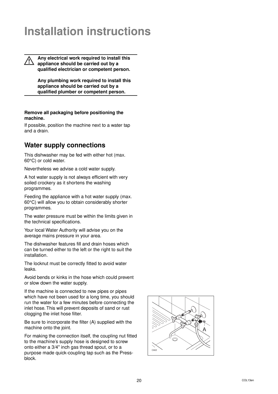 Electrolux DW 80 manual Installation instructions, Water supply connections 