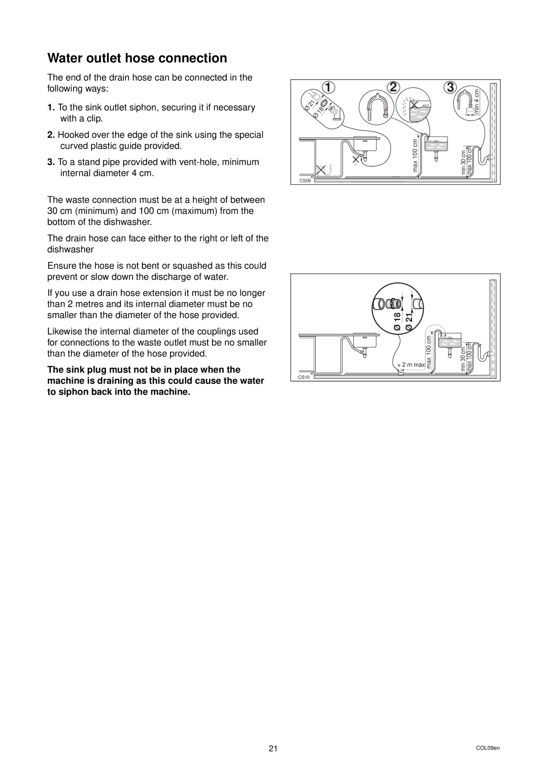 Electrolux DW 80 manual Water outlet hose connection 