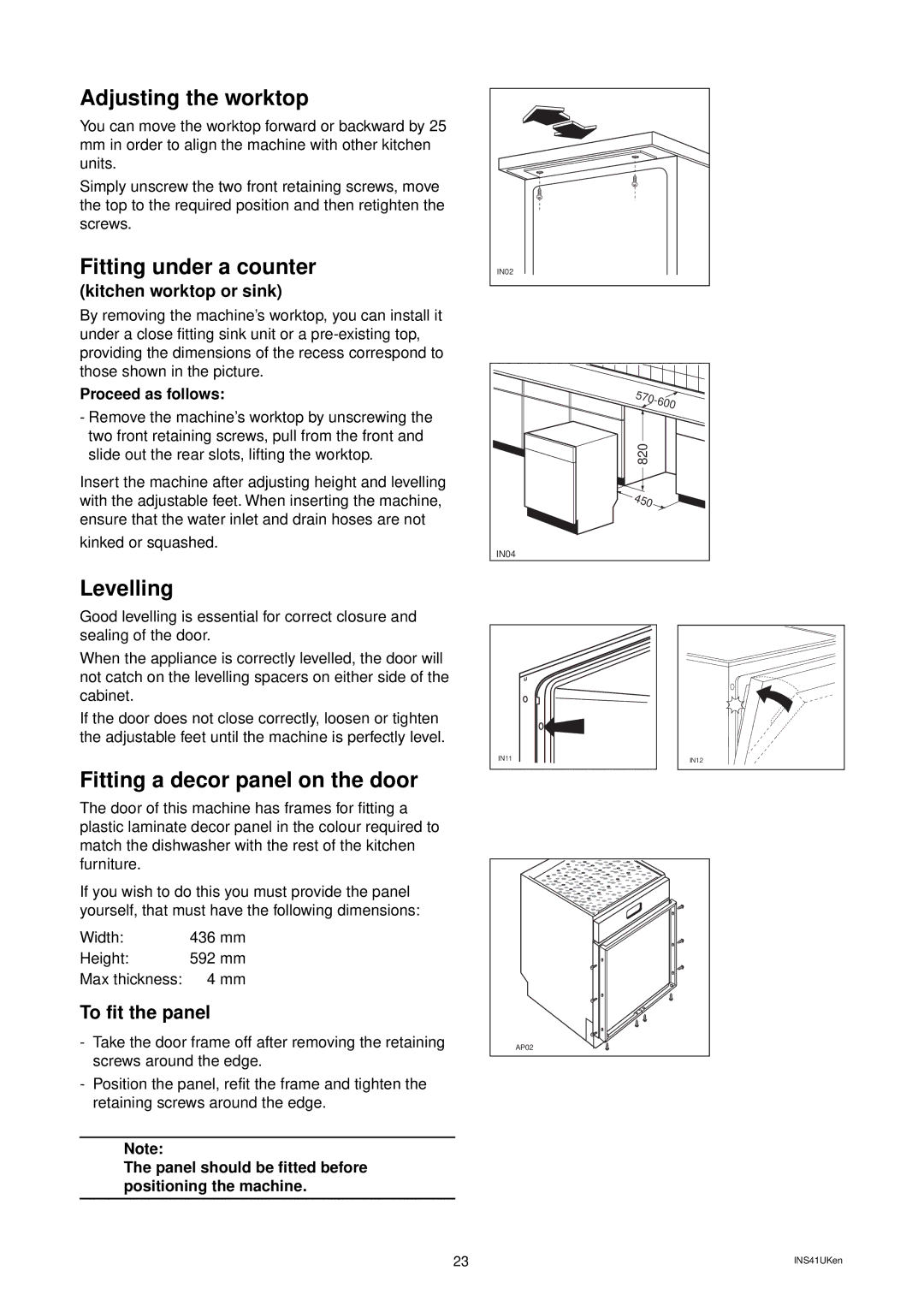 Electrolux DW 80 manual Adjusting the worktop, Fitting under a counter, Levelling, Fitting a decor panel on the door 