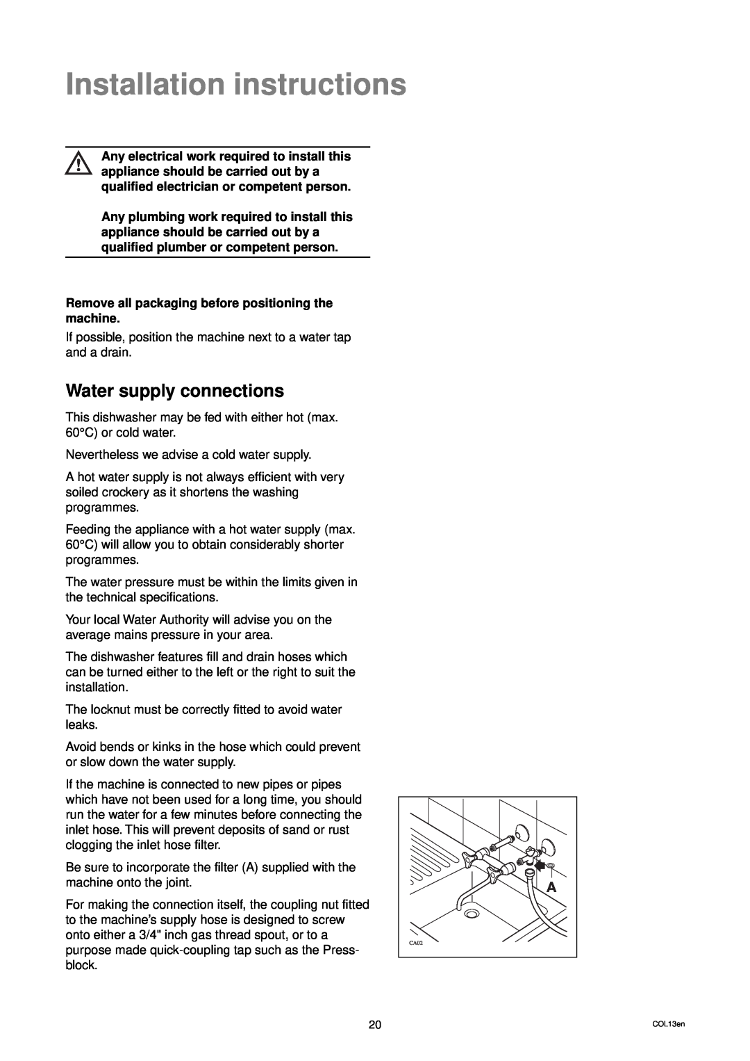 Electrolux DW 80 manual Installation instructions, Water supply connections 
