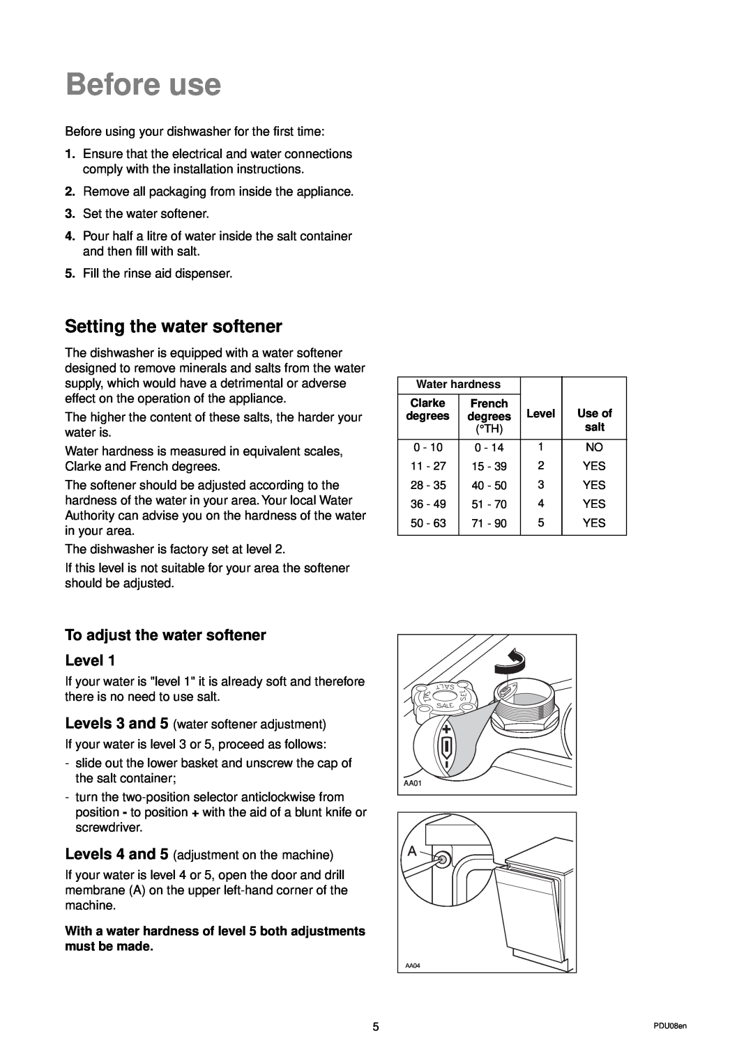 Electrolux DW 80 manual Before use, Setting the water softener, To adjust the water softener Level 