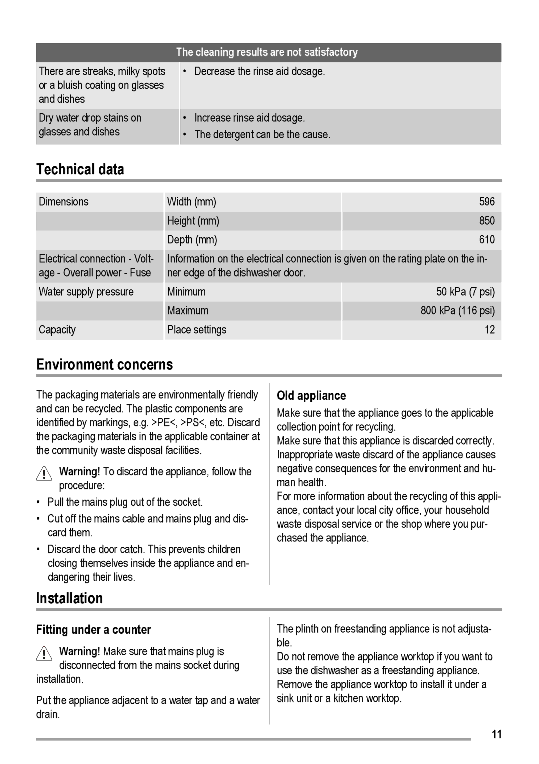 Electrolux DX 103 user manual Technical data, Environment concerns, Installation, Old appliance, Fitting under a counter 