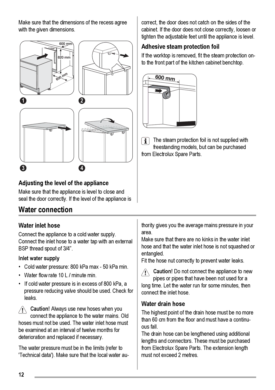 Electrolux DX 103 Water connection, Adjusting the level of the appliance, Adhesive steam protection foil, Water inlet hose 