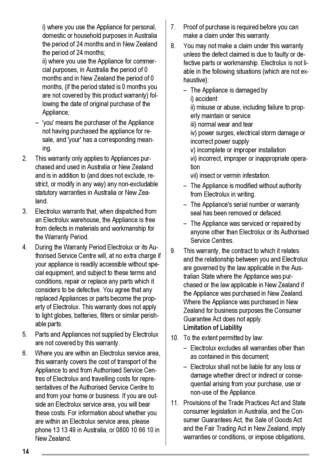 Electrolux DX 103 user manual Limitation of Liability 