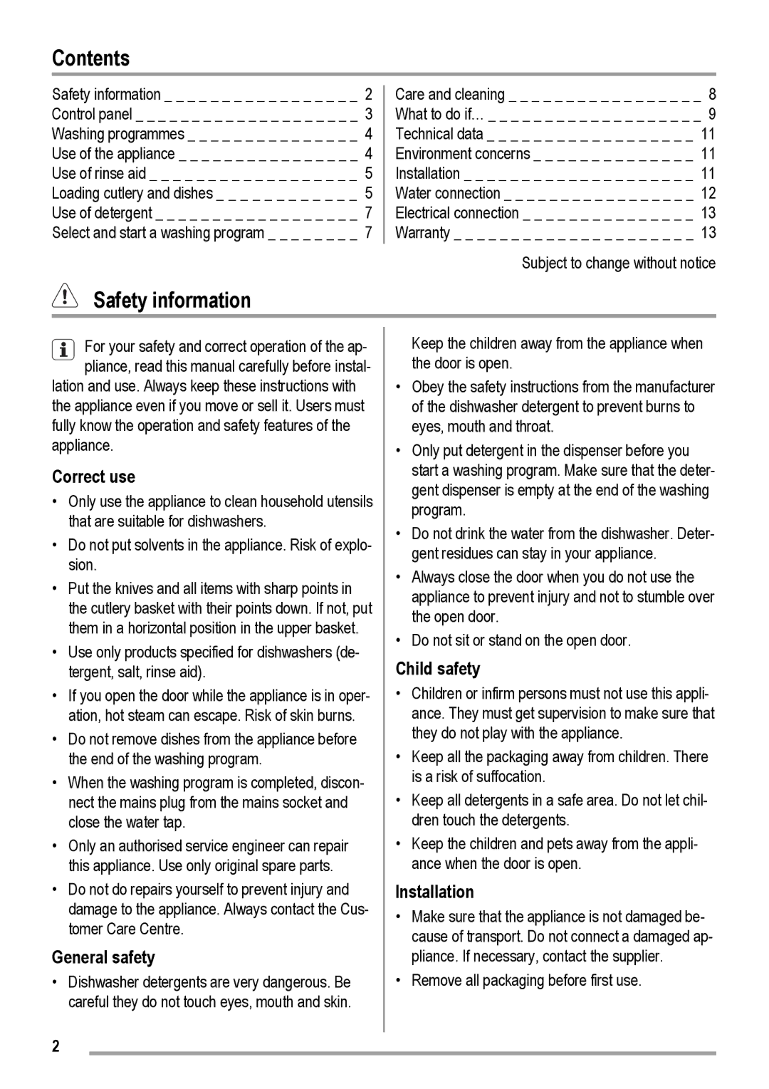 Electrolux DX 103 user manual Contents, Safety information 