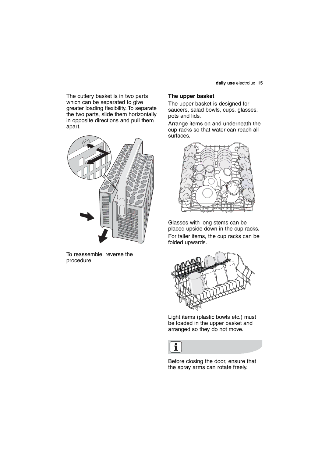 Electrolux DX303 user manual Upper basket 